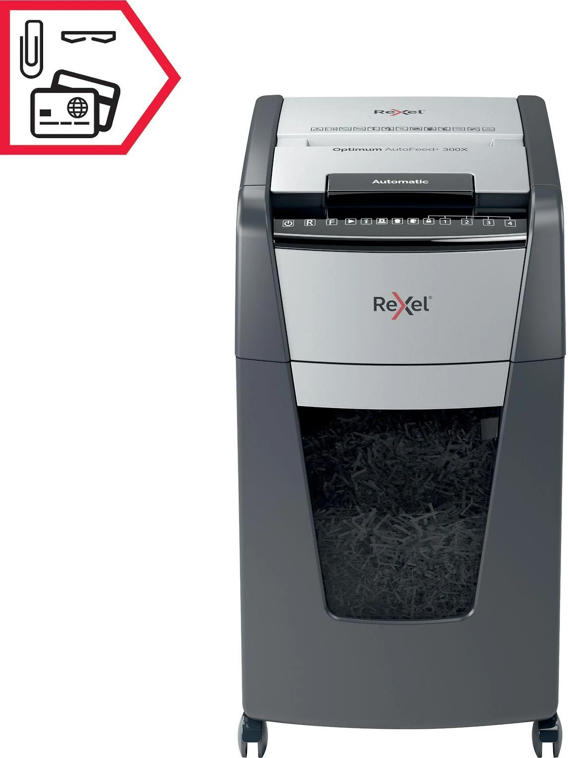 Automatinis dokumentų naikiklis Rexel Optimum Autofeed 300X, 4x25mm, P4, 60l