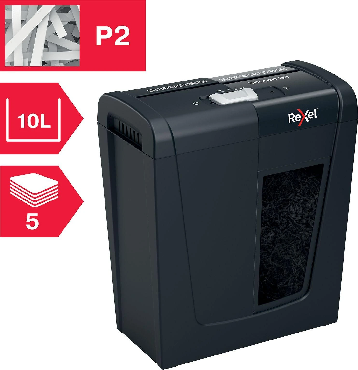 Dokumentų naikiklis Rexel Secure S5 Strip P2, 5 lapai, 10L