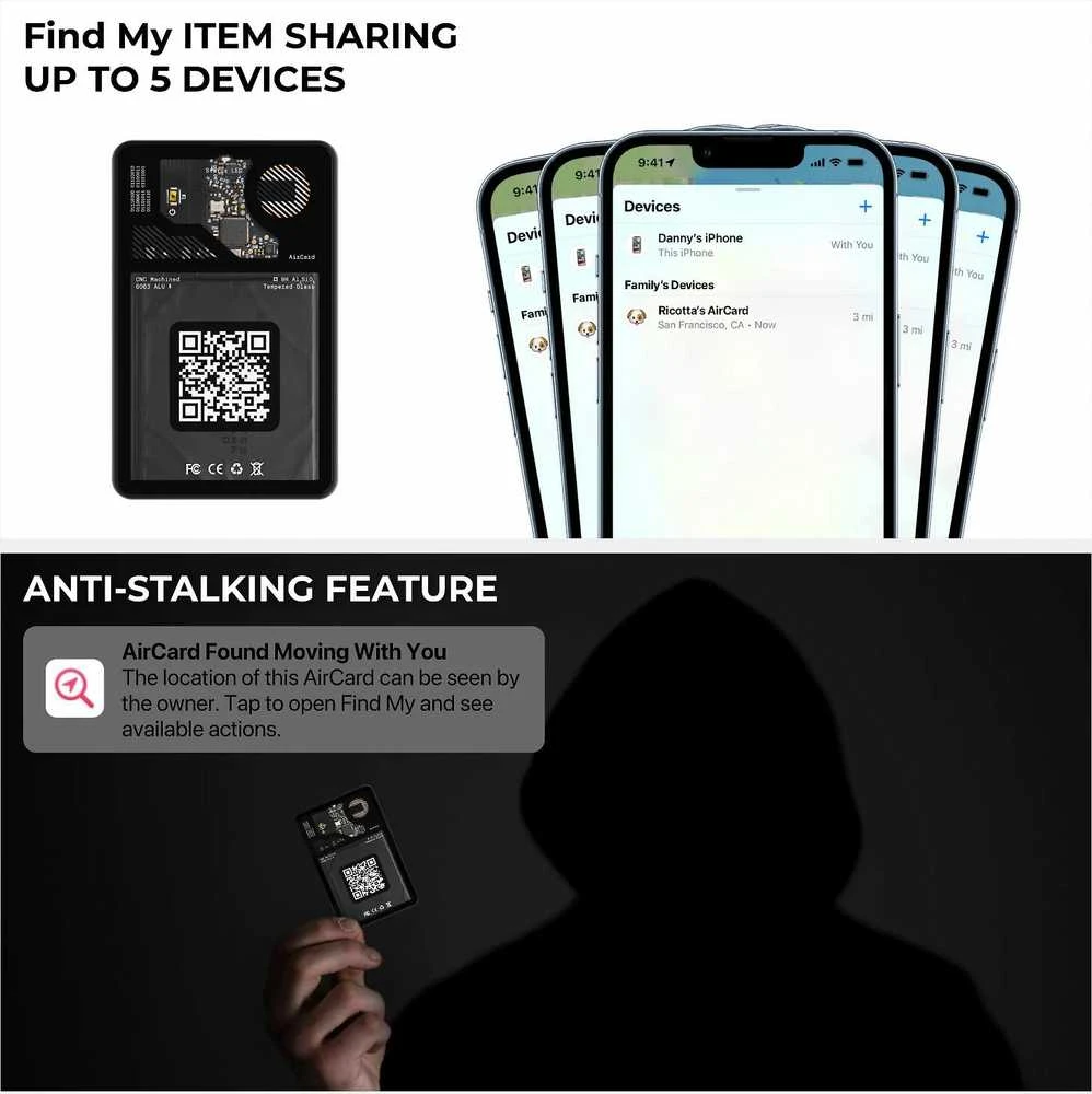 Rolling Square AirCard Tracker veikia su Apple Find my | „Skaitmeninė vizitųkartė“.