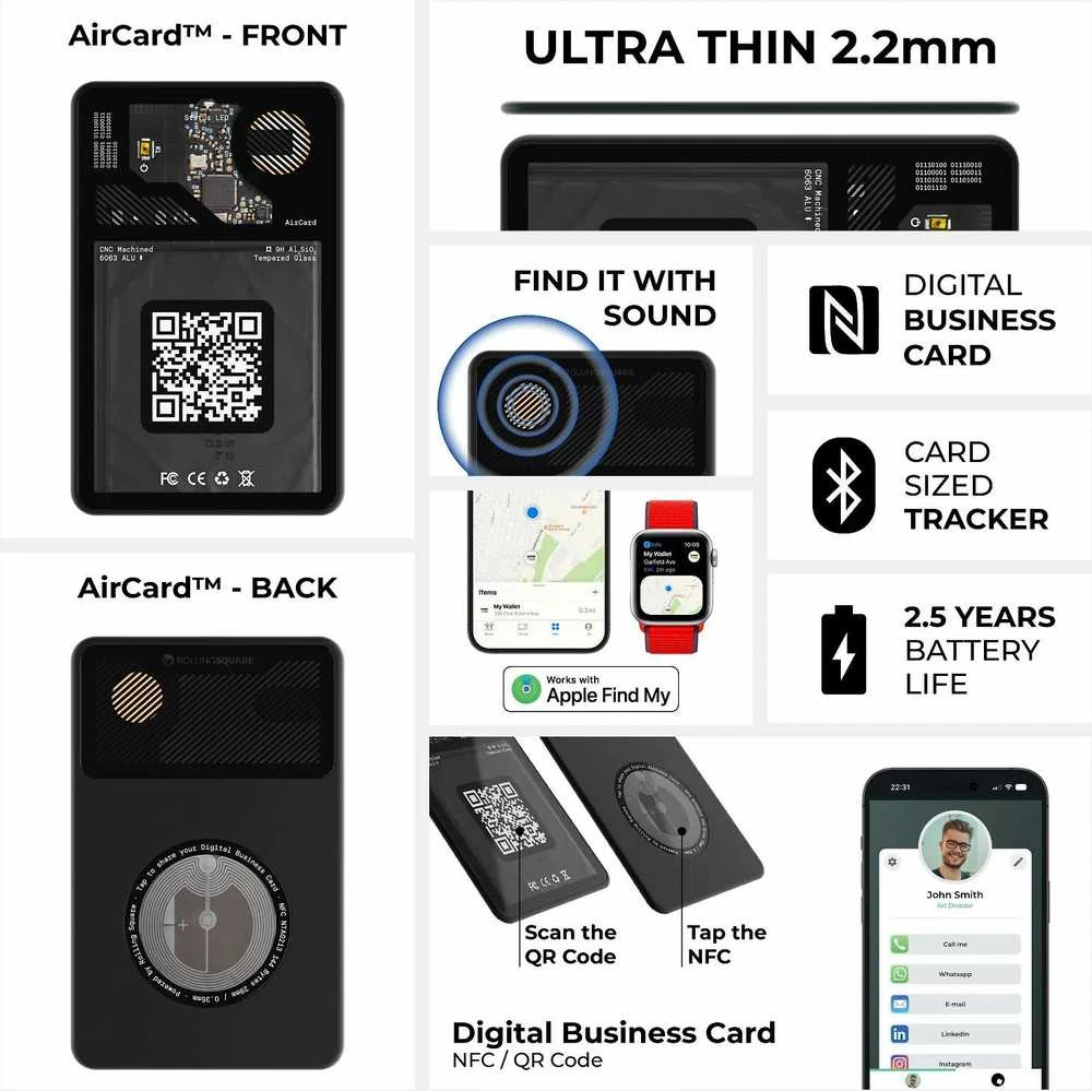 Rolling Square AirCard Tracker veikia su Apple Find my | „Skaitmeninė vizitųkartė“.