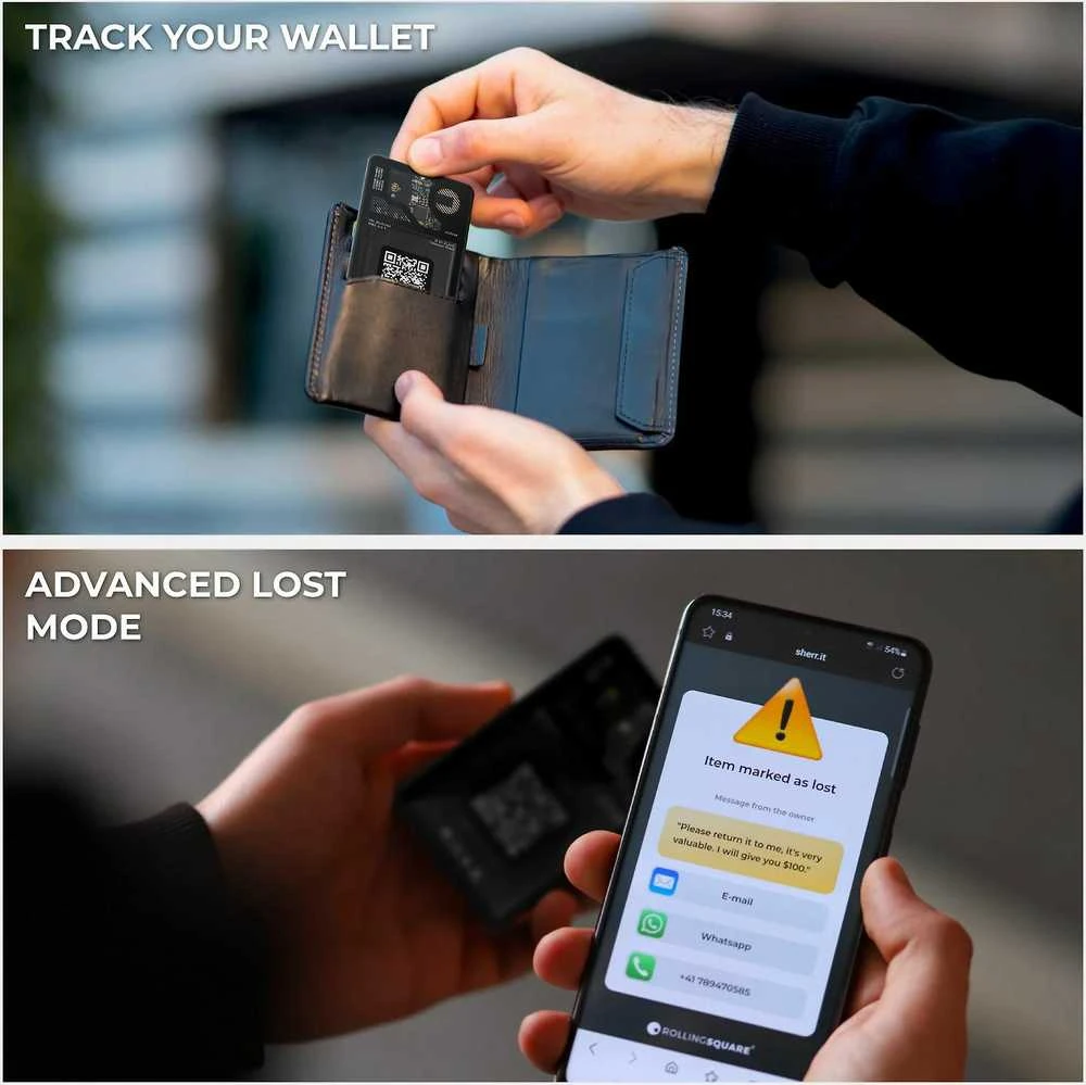 Rolling Square AirCard Tracker veikia su Apple Find my | „Skaitmeninė vizitųkartė“.