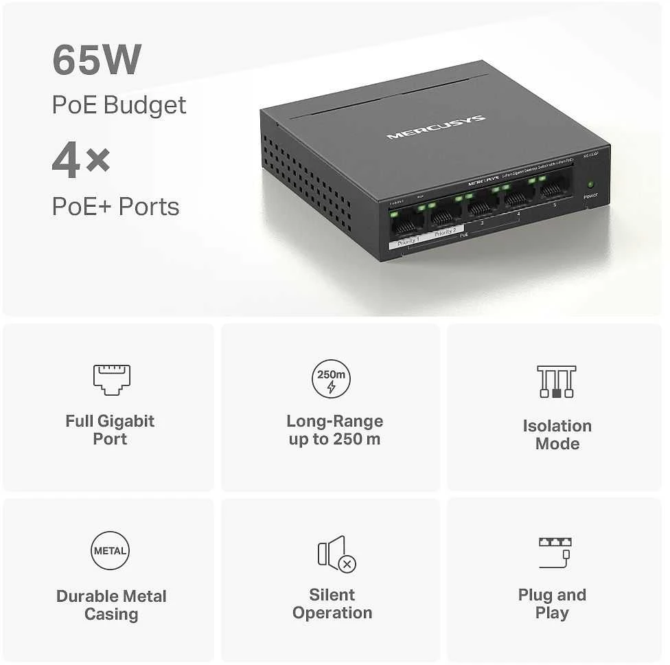 Šakotuvas Mercusys MS105GP 5-porttinen PoE+-kytkin