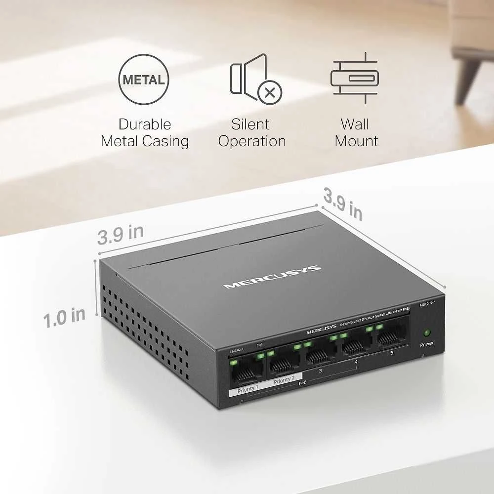 Šakotuvas Mercusys MS105GP 5-porttinen PoE+-kytkin