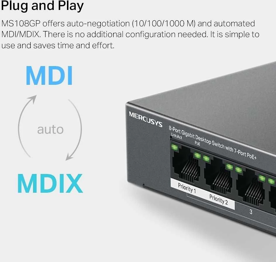 Šakotuvas Mercusys MS108GP -7 -porttinen PoE+ kytkin