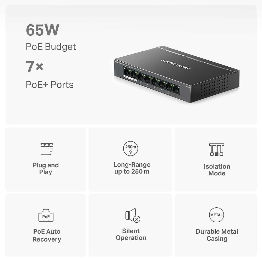 Šakotuvas Mercusys MS108GP -7 -porttinen PoE+ kytkin