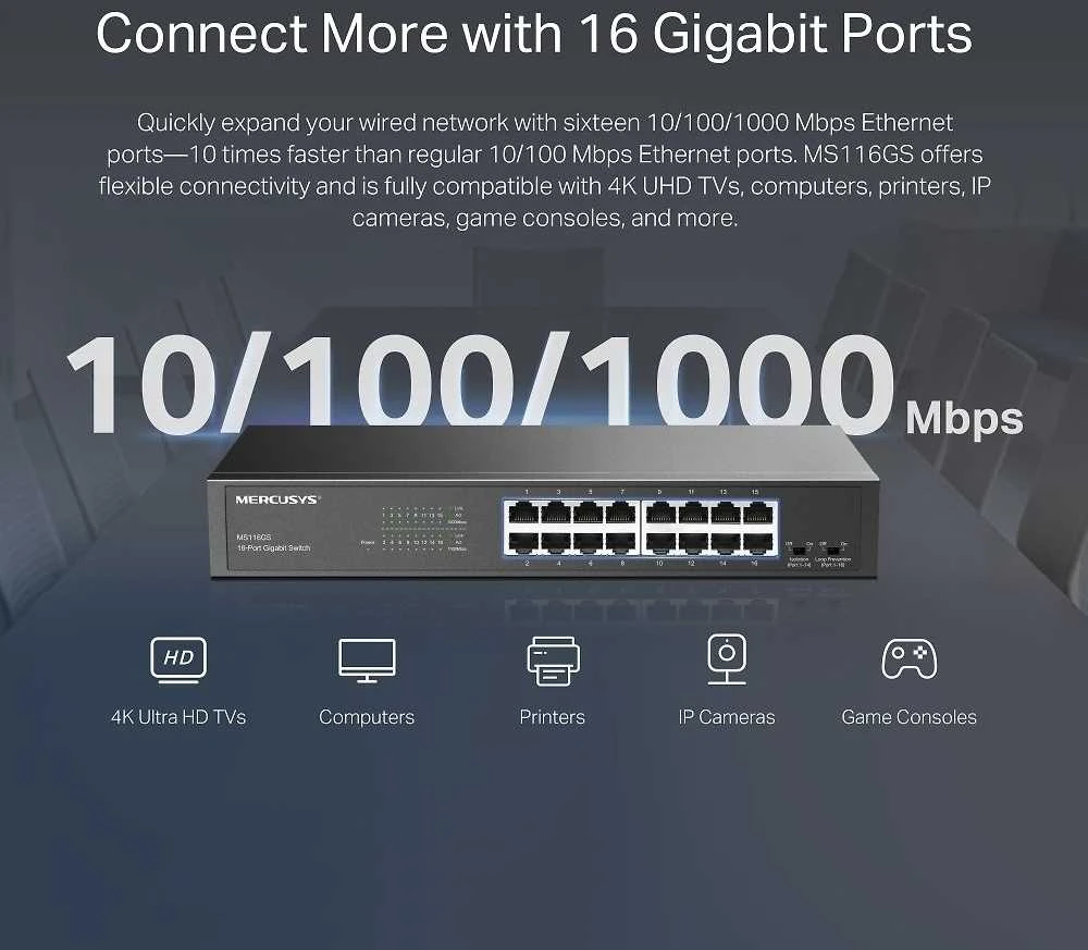 Šakotuvas Mercusys MS116GS Network Switch Juodas