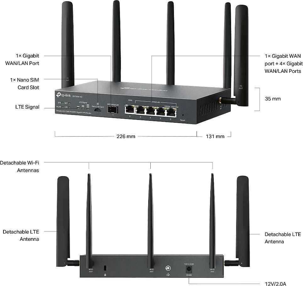 TP-LINK | Omada 4G+ Cat6 AX3000 Gigabit VPN Maršrutizatorius | ER706W-4G | 802.1q | 10/100/1000 Mbit/s | Mesh Support Yes | MU-MiMO Yes | Antenna type Detachable | 60 mėn.