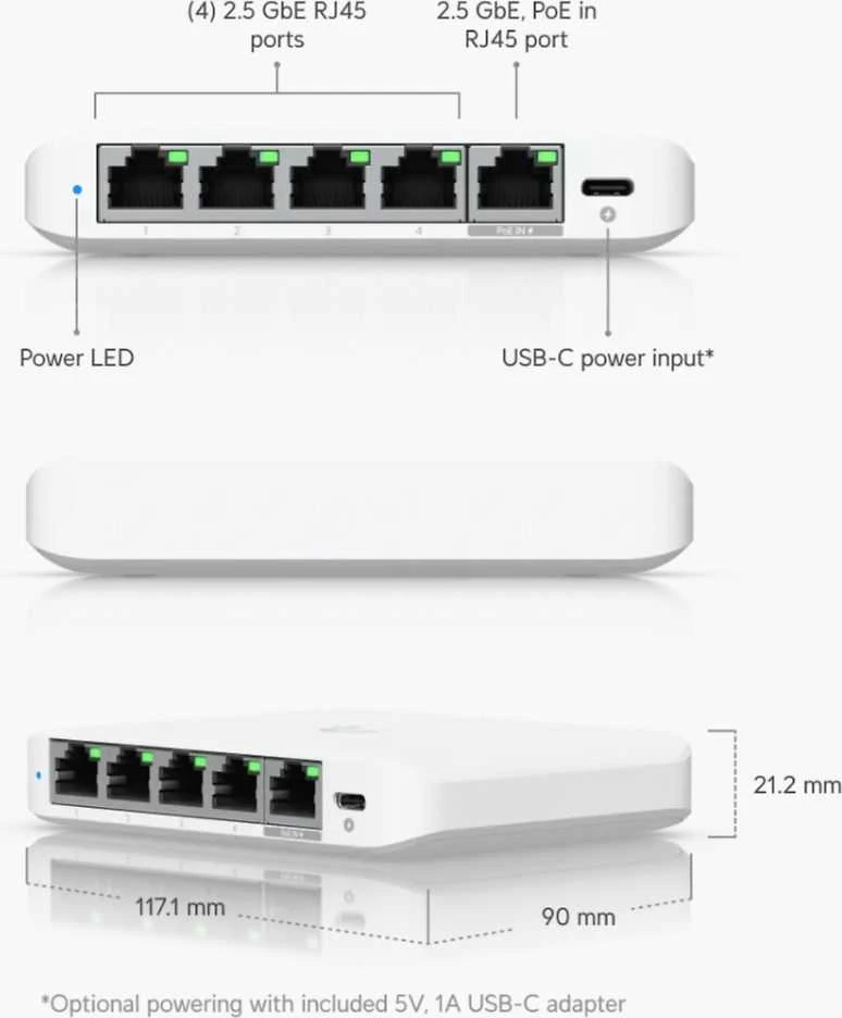 Šakotuvas UBIQUITI COMPACT, 5 PRIESTŲ 2,5G JUNGIKLIS, GALIMAS MAITINTI SU POE ARBA USB-C ADAPTERIU.