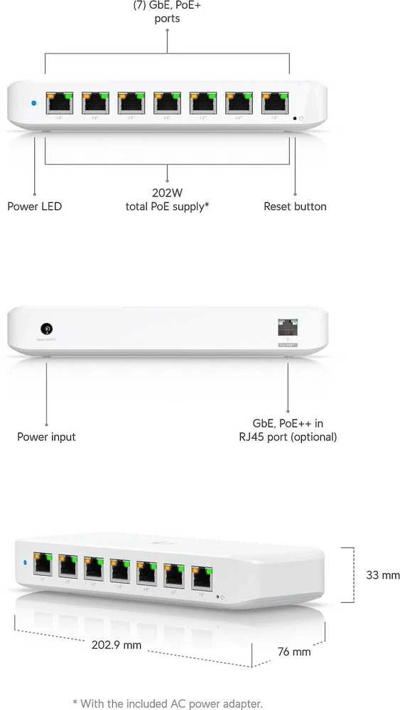 Šakotuvas Ubiquiti UniFi USW-Ultra-210W (202W) 8-porttinen PoE -kytkin