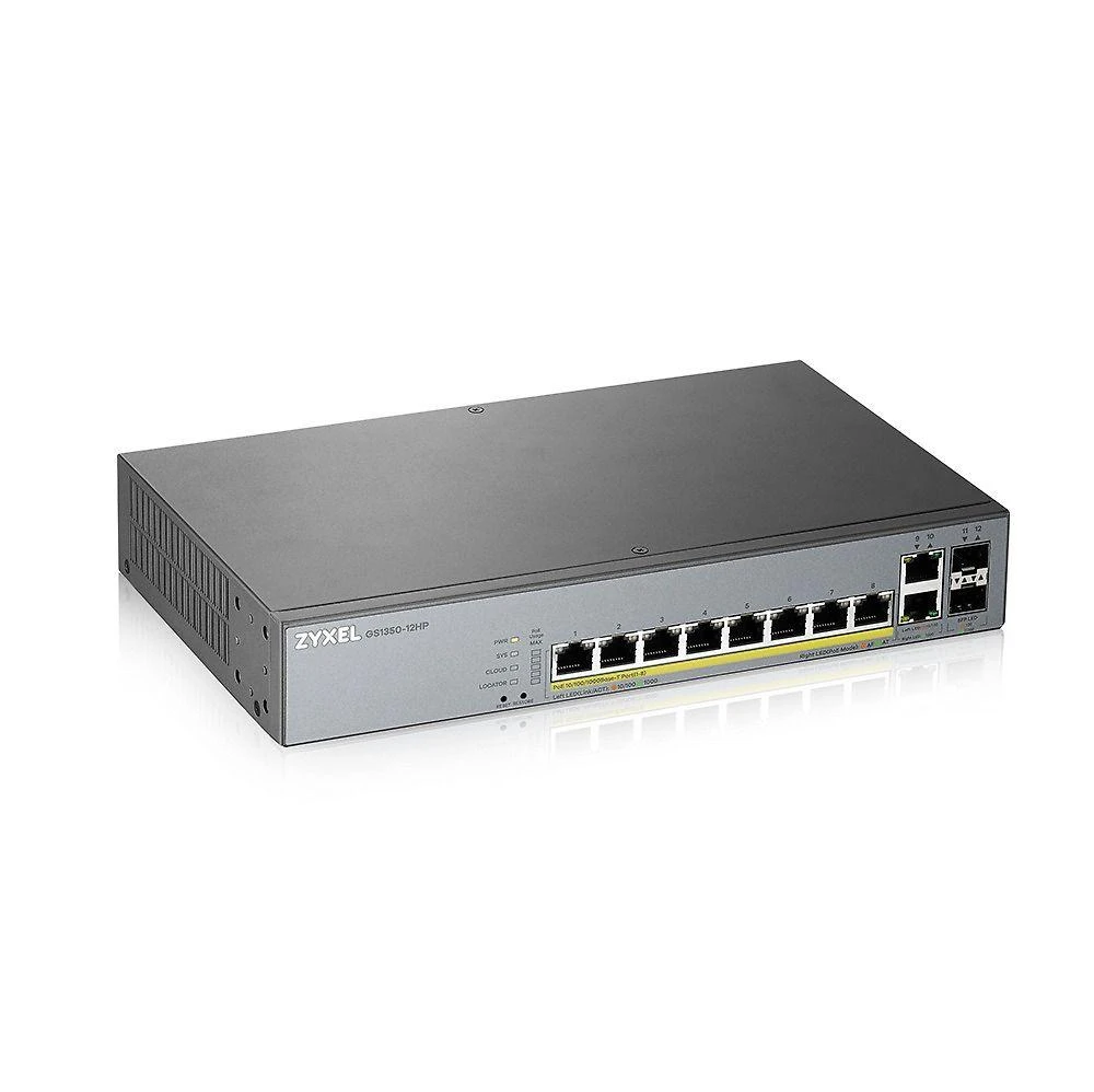 Šakotuvas ZYXEL GS1350-12HP, 12 prievadų valdomas CCTV POE komutatorius, didelio nuotolio, 130 W (1 metų NCC PRO paketo licencija) (5 metų garantija)
