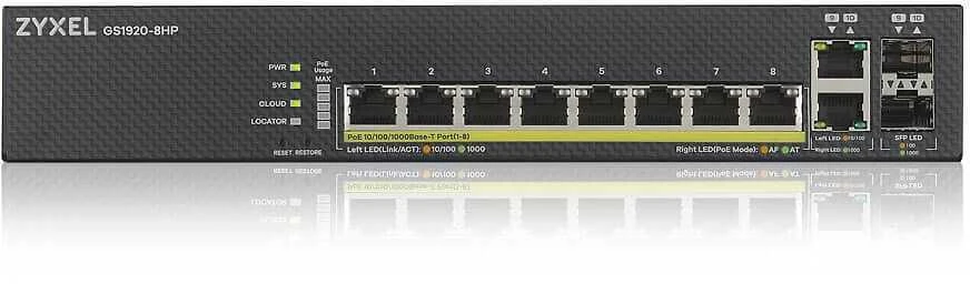 Šakotuvas ZYXEL GS1920-8HPV2, 10 prievadų išmanusis valdomas komutatorius, 8 gigabitų varinis ir 2 gigabitų dviejų asmenų, hibridinis režimas, autonominis arba „Nebulaflex“ debesis, 130 vatų POE, be ventiliatoriaus (5 metų garantija)