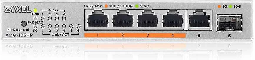 Šakotuvas ZYXEL XMG-105 5 PORTS 2,5G + 1 SFP+, 4 PORTS 70W TOTAL POE++ DESKTOP MULTIGIG UNMANAGED DESKTOP SWITCH (2Y WARRANTY)