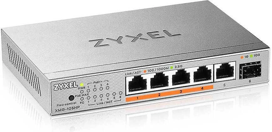 Šakotuvas ZYXEL XMG-105 5 PORTS 2,5G + 1 SFP+, 4 PORTS 70W TOTAL POE++ DESKTOP MULTIGIG UNMANAGED DESKTOP SWITCH (2Y WARRANTY)