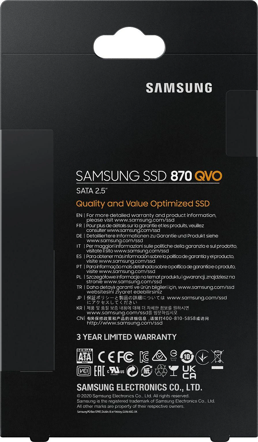 Kietasis diskas  SSD SAMSUNG 870 QVO/1TB/Rašymo greitis 530 MBytes/sec/Skaitymo greitis 560 MBytes/sec/2,5"/TBW 360 TB/MTBF 1500000 hours/MZ-77Q1T0BW