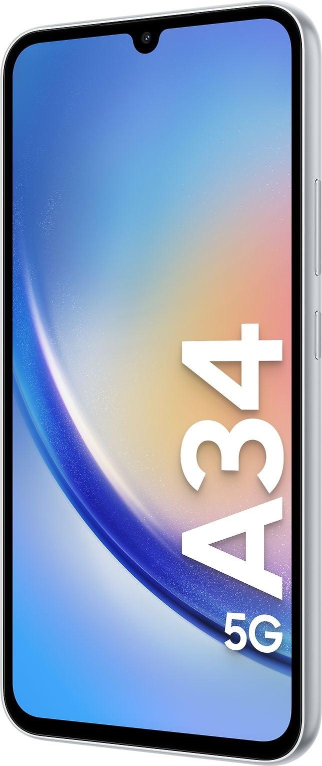 Samsung | Galaxy | A34 A346 | Nuostabus Sidabrinis | 6,6" | Super AMOLED | 1080 x 2340 pikselių | Mediatek | Matmenys 1080 (6 nm) | Vidinė RAM 6 GB | 128 GB | Micro SDXC | Dvi SIM kortelės | Nano-SIM | 4G | 5G | Pagrindinė kamera 48+8+5 MP |. Antrinė kamera 13 MP |