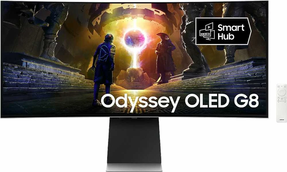 „Samsung Odyssey OLED G8 G85SD“, 34 colių žaidimų monitorius, 175 Hz, QD OLED, suderinamas su „FreeSync Premium Pro“ ir „G-SYNC“.