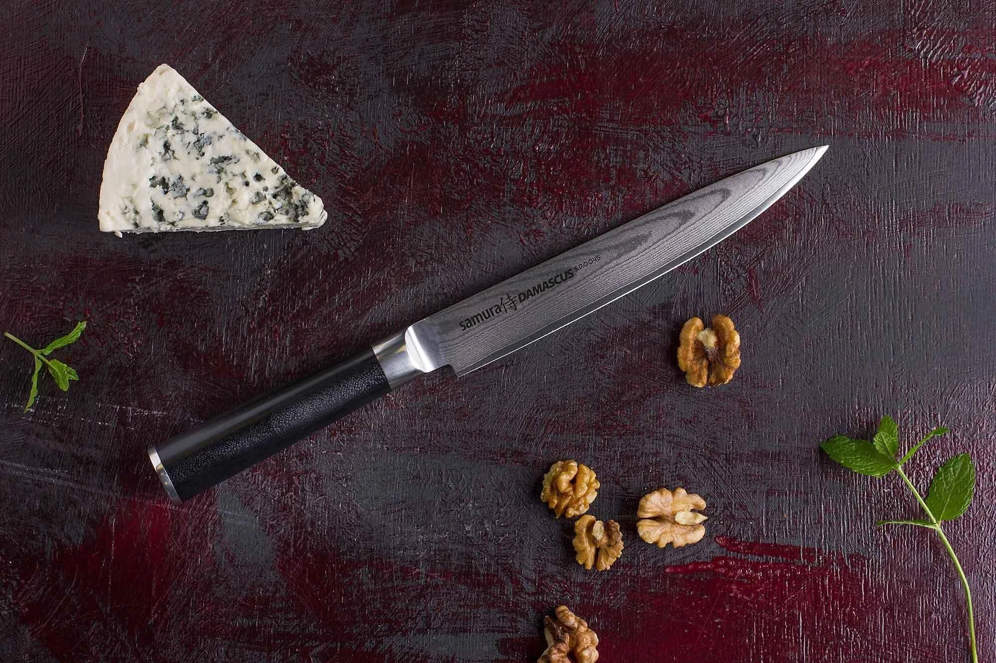 Samura DAMASCUS Universalus virtuvės pjaustymo peilis 230 mm iš AUS 10 Damasko plieno 61 HRC (67 sluoksniai)