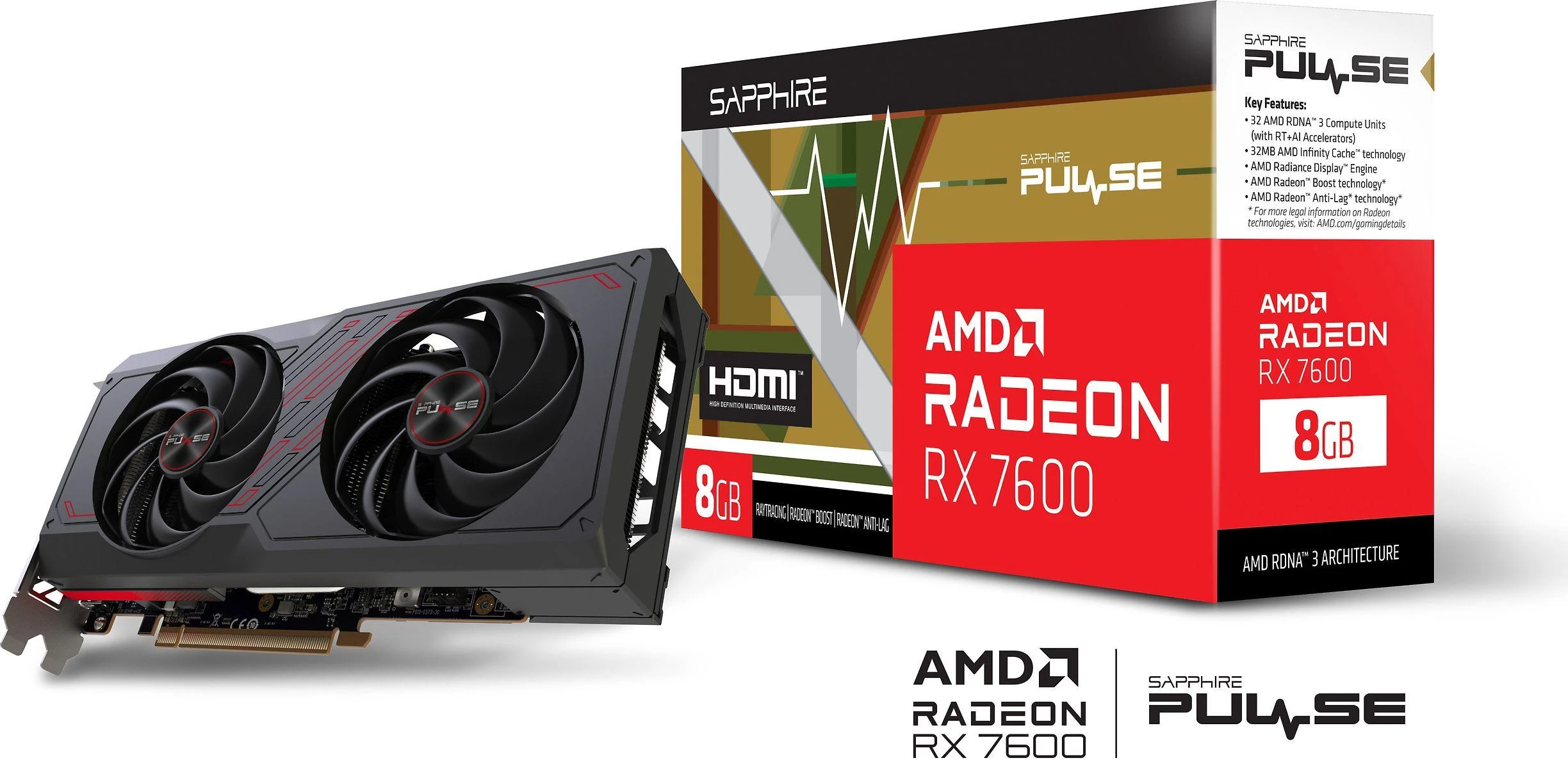 Vaizdo plokštė SAPPHIRE AMD Radeon RX 7600, 8 GB, GDDR6, 128 bitų, PCIE 4.0 8x, Dual Slot Fansink, 1xHDMI, 3xDisplayPort, 11324-01-20G