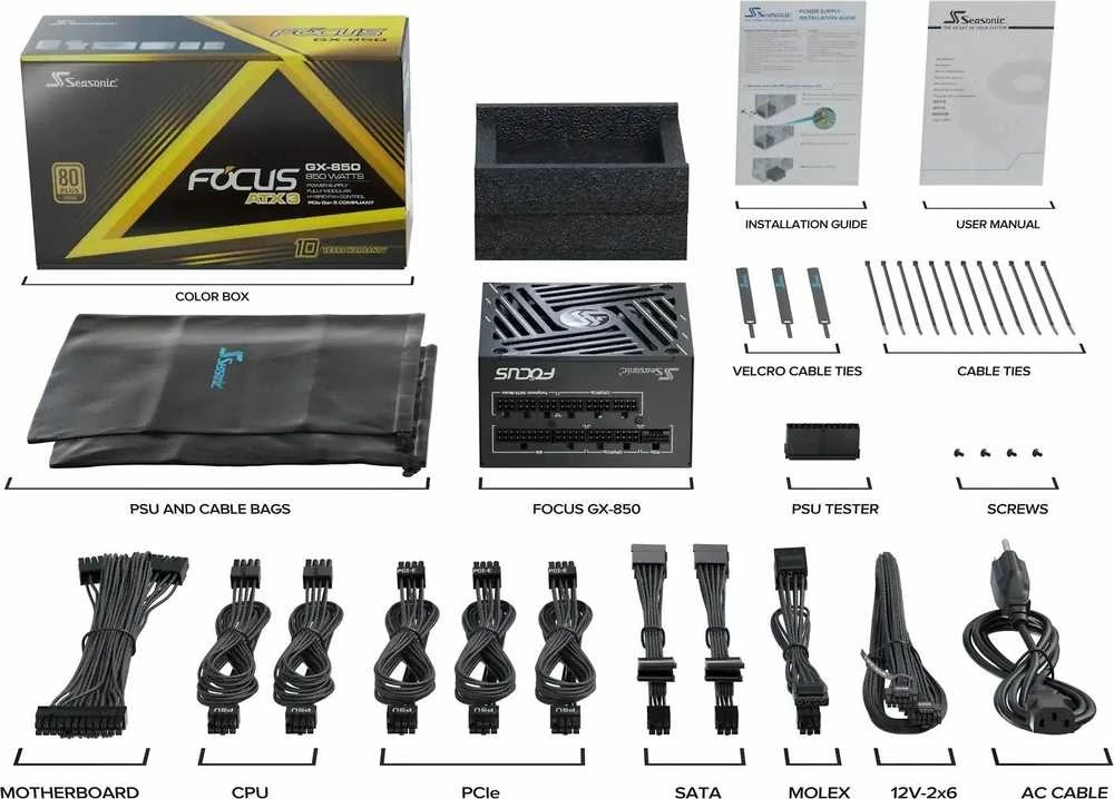„Seasonic Focus GX 80 PLUS Gold“ maitinimo šaltinis, modulinis – 850 vatų, juodas
