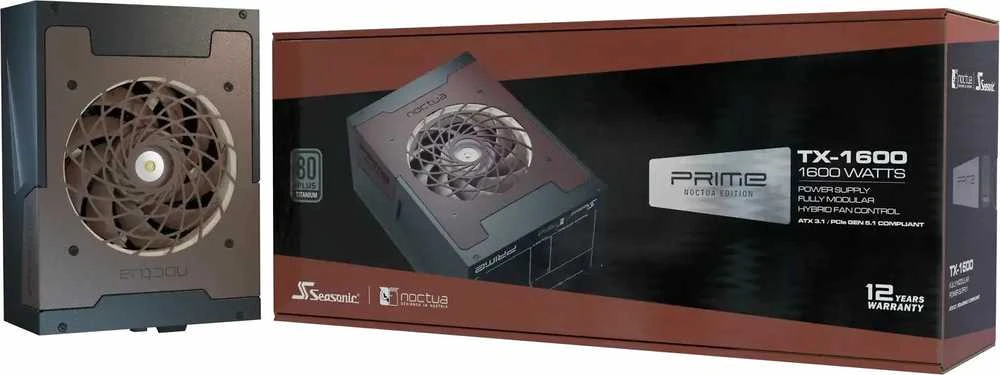 „Seasonic Prime TX-1600 Noctua Edition“ maitinimo šaltinis, „80 PLUS Titanium“, modulinis, ATX 3.1, PCIe 5.0 × 1600 vatų