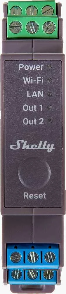 Shelly PRO 2 išmanioji 2 kanalų relė valdoma Wifi LAN ar Bluetooth montuojama ant DIN bėgelio
