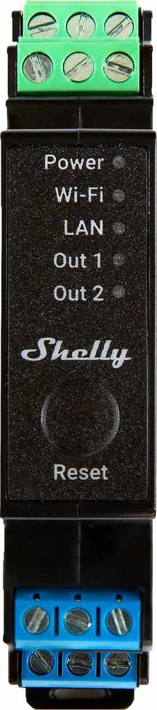 Shelly PRO 2PM išmanioji 2 kanalų relė su elektros sąnaudų matavimu valdoma Wifi LAN Bluetooth montuojama ant DIN bėgelio
