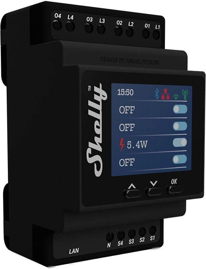 Shelly Pro 4PM 4 kanalų DIN bėgio relė jungiklis su Wi-Fi, LAN ir Bluetooth ryšiu