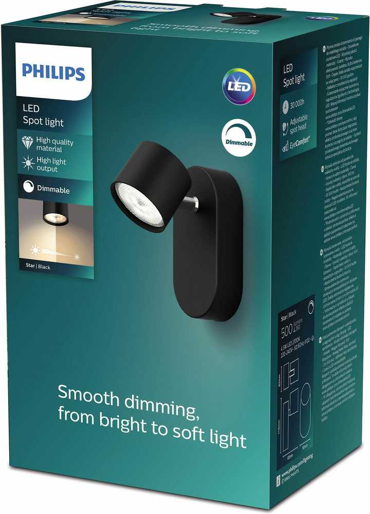 Sieninis šviestuvas Philips Helios Star Spot lubinis šviestuvas, 1 fl., juodas, 500lm