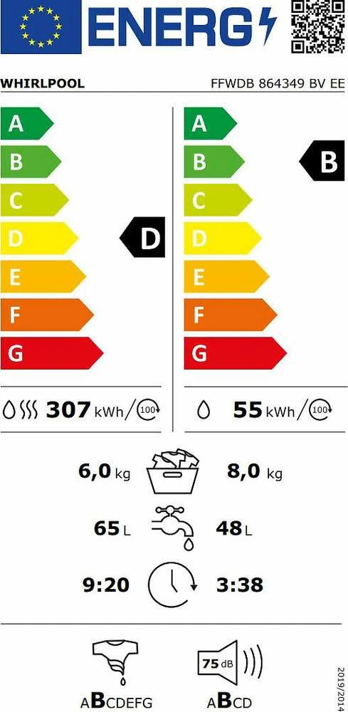 WHIRLPOOL Skalbimo mašina - Dryer FFWDB 864349 BV EE, 1400 rpm, Energy class D, 8kg - 6kg, Gylis 54 cm, Inverter motor, Steam Refresh