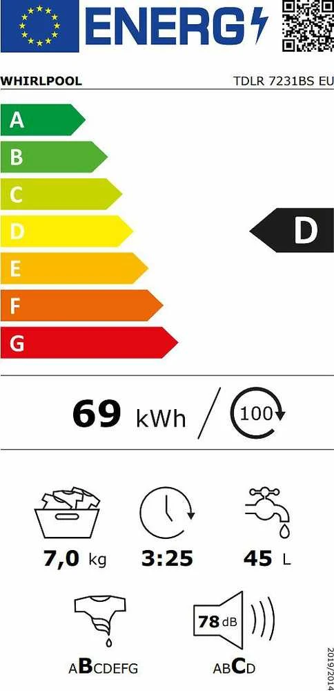 WHIRLPOOL Viršutinė skalbimo mašina TDLR 7231BS EU 7kg, 1200 aps./min., D energijos klasė, Plotis 40 cm, Gylis 60 cm, Inverterinis variklis