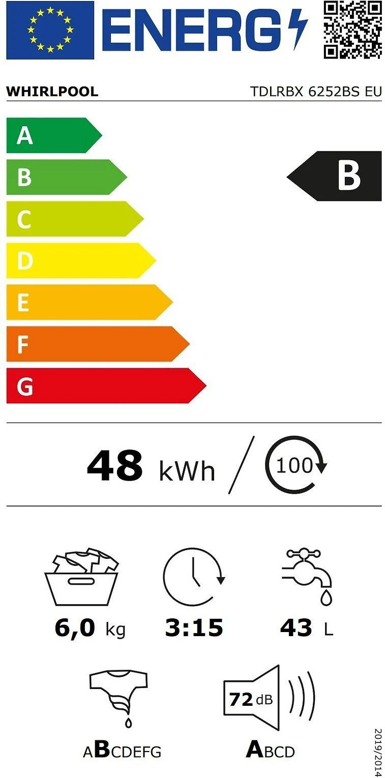 Whirlpool | Skalbimo mašina | TDLRBX 6252BS EU | Energy efficiency class B | Top loading | Skalbimo talpa 6kg | 1200 RPM | Gylis 60 cm | Plotis 40 cm | Ekranas | LED | Direct drive | Baltas