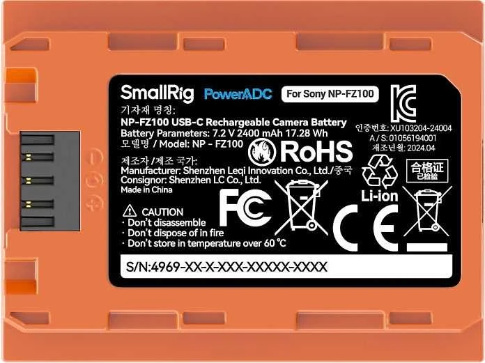 Oranžinis SmallRig 4969 NP-FZ100 USB-C Rechargeable Camera Baterija Oranžinis