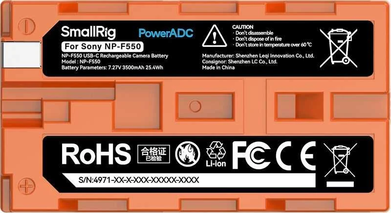 Oranžinis SmallRig 4971 NP-F550 USB-C Rechargeable Camera Baterija Oranžinis