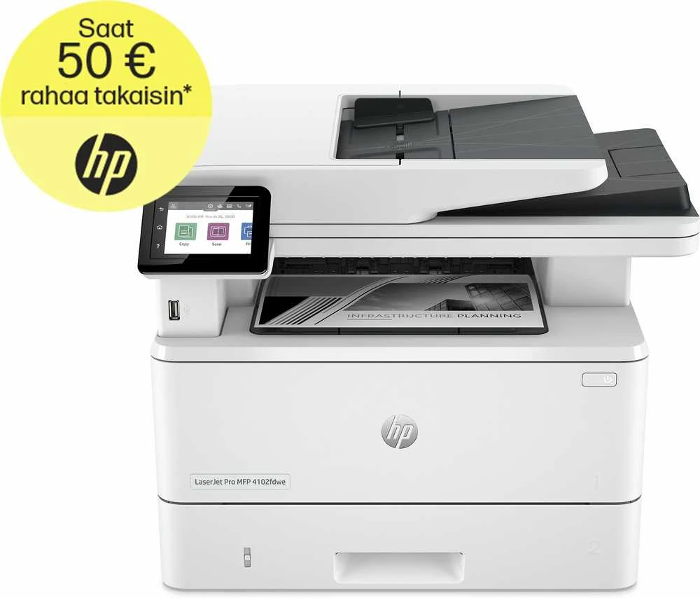 Spausdintuvas Hewlett Packard (HP) HP LaserJet Pro MFP 4102fdw MFP Mono lazerinis A4 38 psl./min. Kopijavimas 40 psl./min. Spausdinimas 350 lapų LAN „Wi-Fi“ USB „Bluetooth“ USB