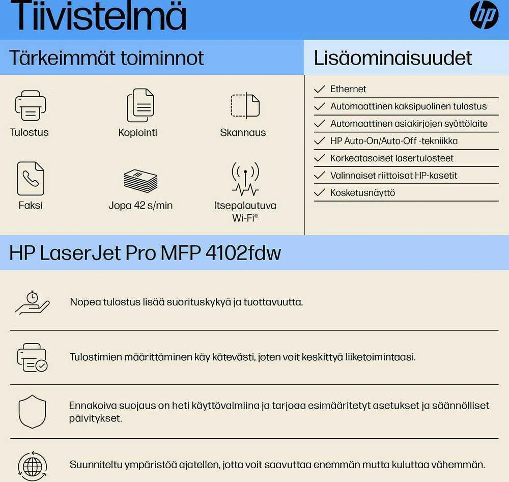 Spausdintuvas Hewlett Packard (HP) HP LaserJet Pro MFP 4102fdw MFP Mono lazerinis A4 38 psl./min. Kopijavimas 40 psl./min. Spausdinimas 350 lapų LAN „Wi-Fi“ USB „Bluetooth“ USB