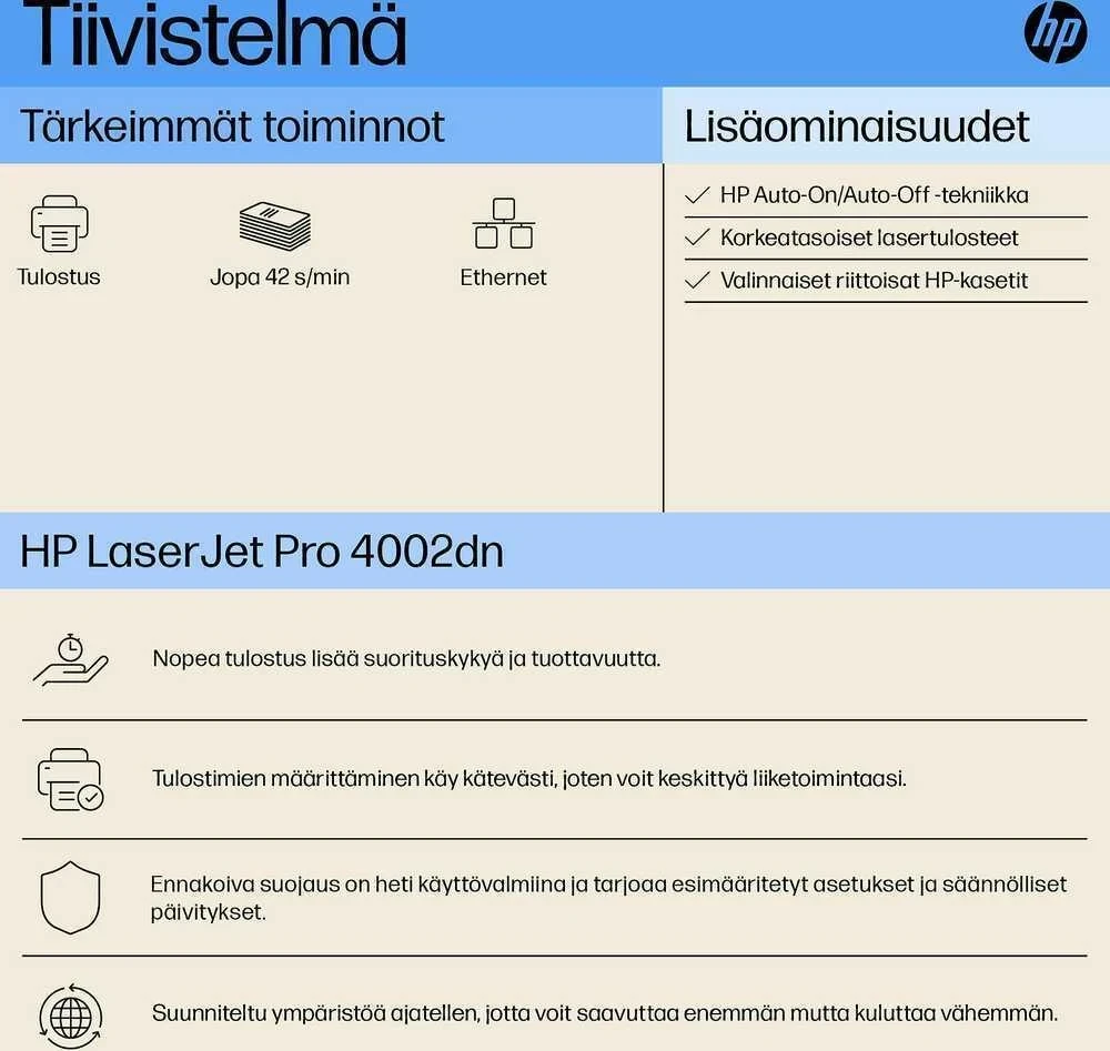 Hewlett Packard (HP) HP LaserJet Pro 4002dn Spausdintuvas - A4 Mono lazerinis, Spausdinti, Automatinis dokumentų tiektuvas, Auto-Duplex, LAN, 40ppm, 750-4000 puslapių per mėnesį (pakeičia M404dn)