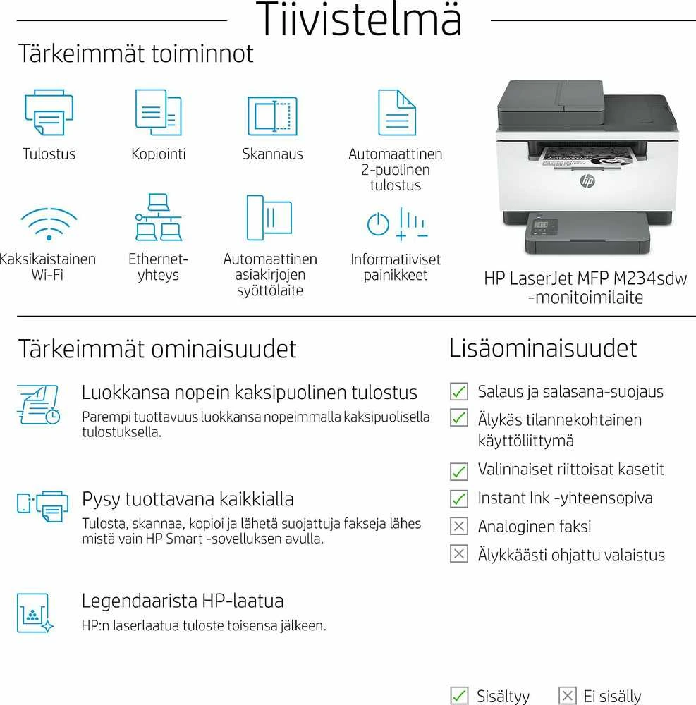Daugiafunkcis lazerinis spausdintuvas HP LaserJet MFP M234sdw, spausdinimas / kopijavimas / skenavimas, nespalvotas, A4, 29 ppm, automatinis dvipusis, USB / LAN / Wi-Fi