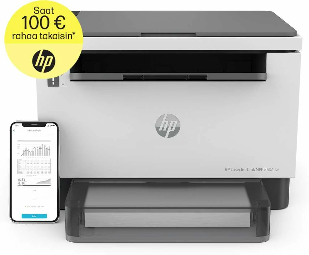 Hewlett Packard (HP) HP LaserJet Tank 2604dw AIO All-in-One Spausdintuvas - A4 Mono lazerinis, Spausdinti/Kopijuoti/Nuskaityti, Auto-Duplex, LAN, Wifi, 22 val., 250-2500 puslapių per mėnesį (pakeičia Neverstop)