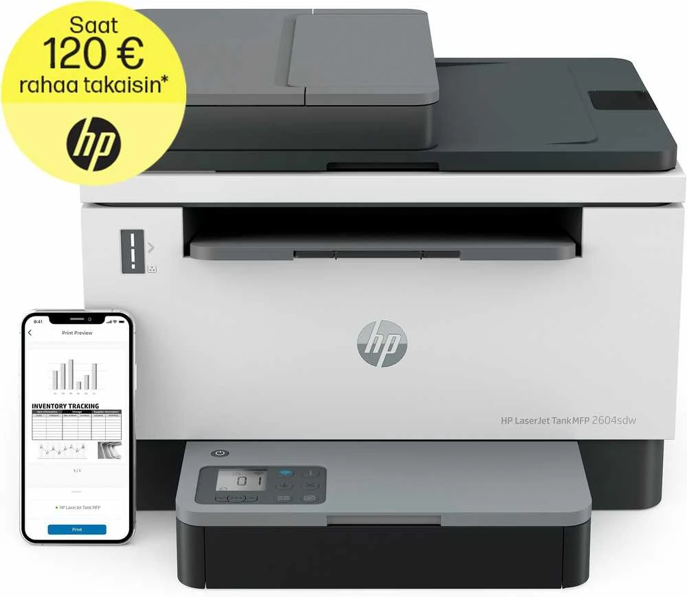 Hewlett Packard (HP) HP LaserJet Tank 2604sdw AIO All-in-One Spausdintuvas - A4 Mono lazerinis, Spausdinti/Kopijuoti/Dual-Side Scan, Automatinis dokumentų tiektuvas, Auto-Duplex, LAN, Wifi, 22ppm, 250-2500 puslapių per mėnesį (pakeičia Neverstop)