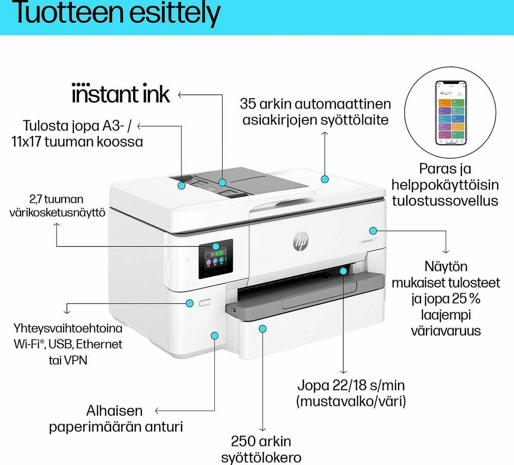 Hewlett Packard (HP) HP OfficeJet Pro 9720e HP+ plataus formato „AiO“ daugiafunkcis spausdintuvas Spausdintuvas - A3/A4 spalvotas rašalinis, spausdinimas / kopijavimas / nuskaitymas, automatinis dokumentų tiektuvas, automatinis dvipusis spausdinimas, LAN, Wifi, 22 psl./min., 250–1500 puslapių per mėnesį (pakeičia OfficeJet Pro 7720)
