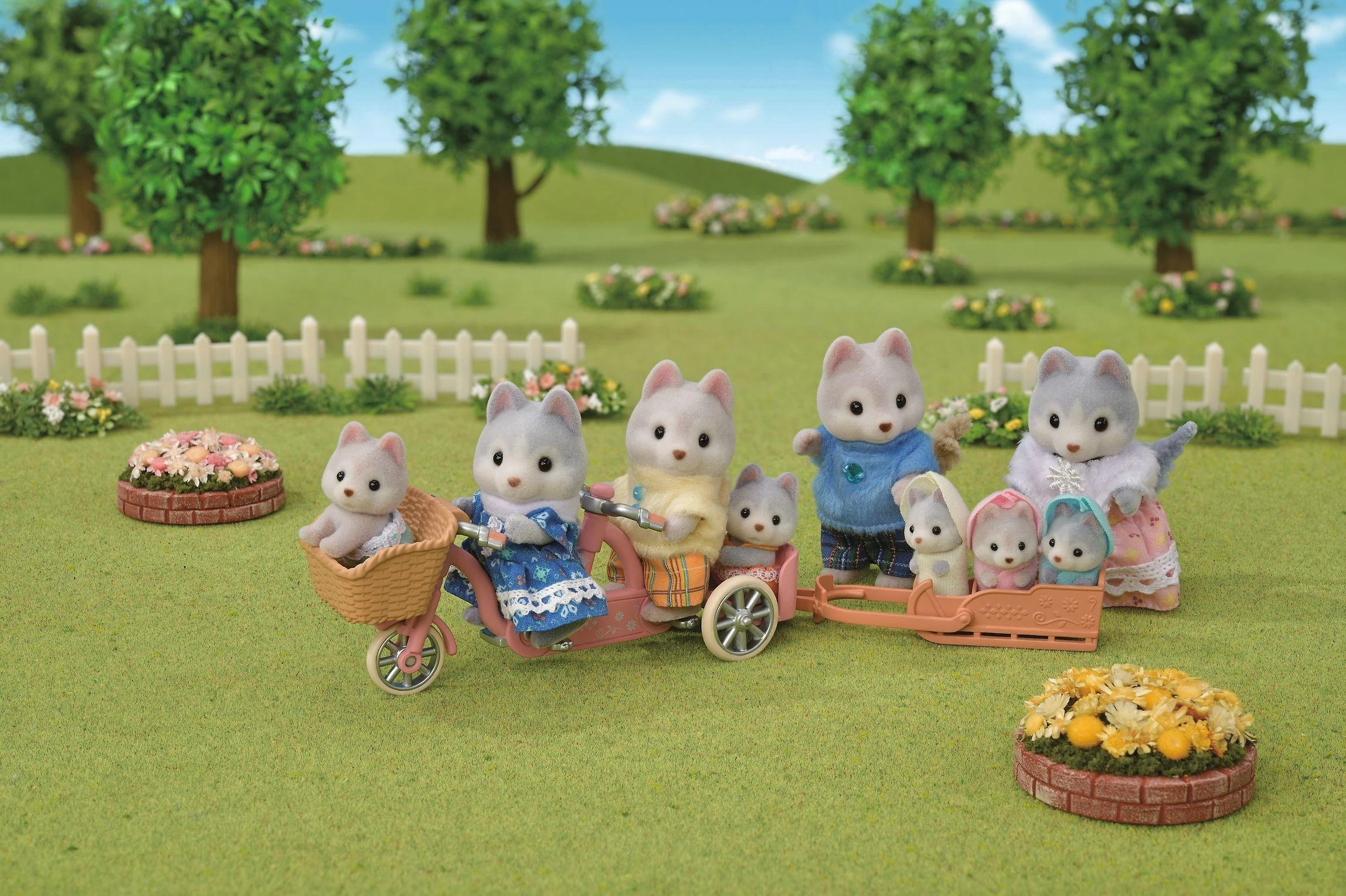 Sylvanian Families Epoch Figūrėlės husky šuniukai su dviračiu rinkinys