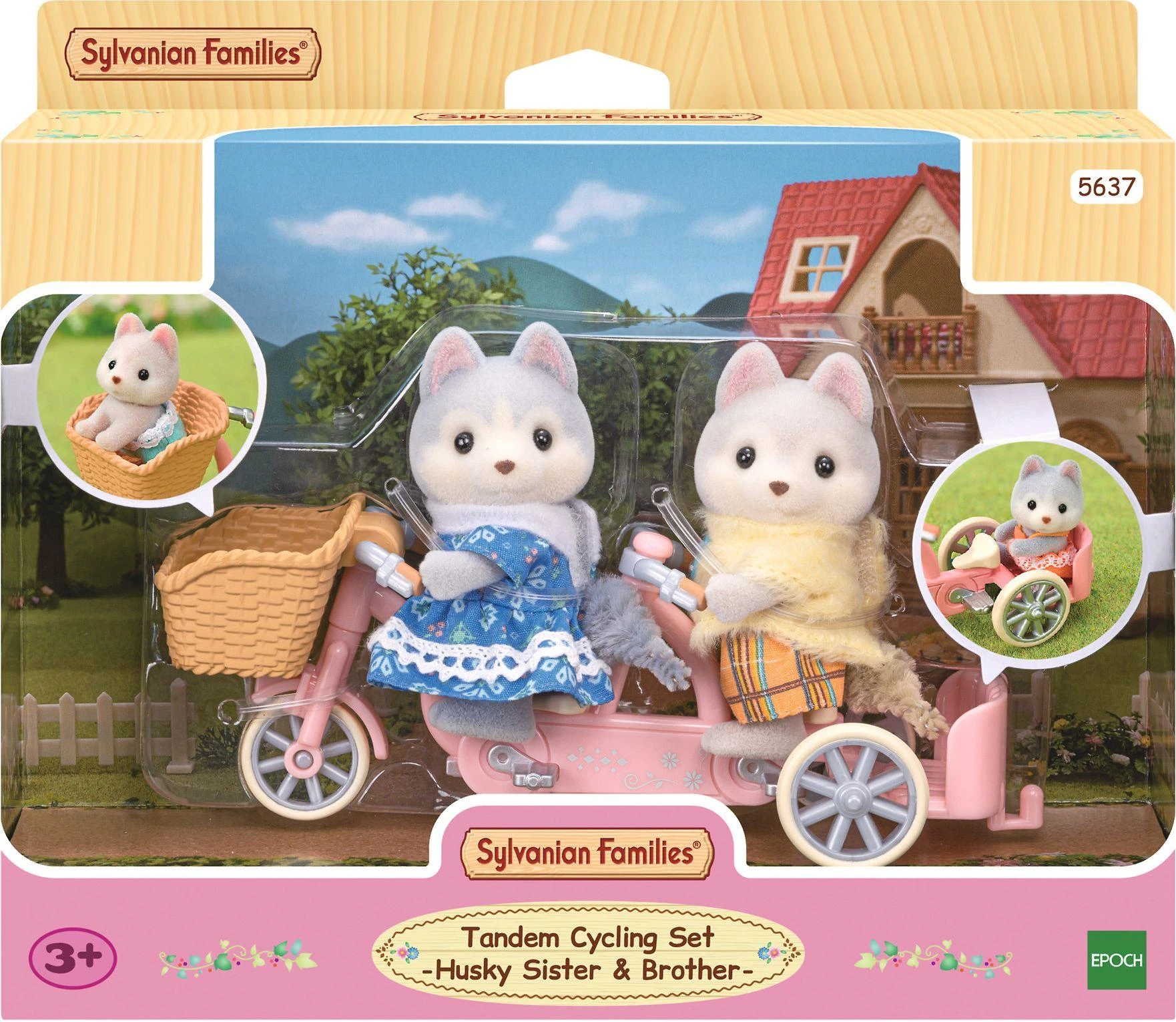 Sylvanian Families Epoch Figūrėlės husky šuniukai su dviračiu rinkinys