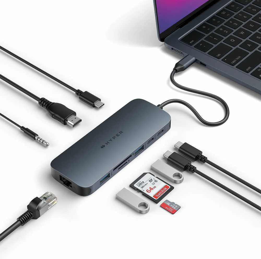 HyperDrive Next USB-C-Hubi, 10 porttia, muistikortinlukijat, keskiyön sininen