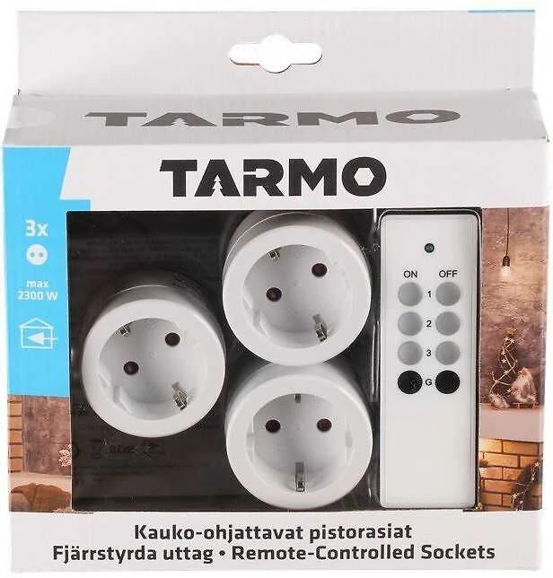 Tarmo Kauko-ohjattavat pistorasiat, sisäkäyttöön, 3 kpl