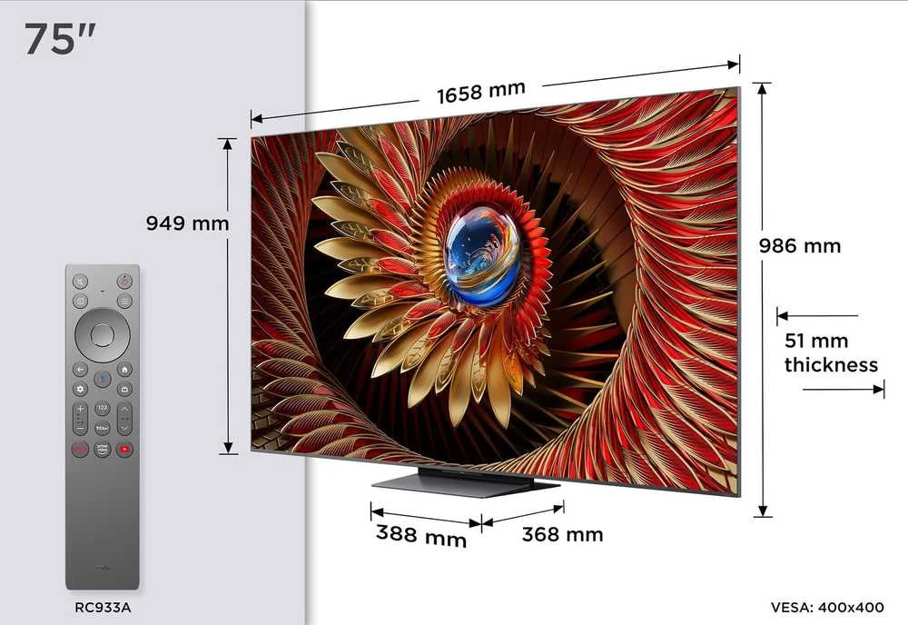 Televizorius TCL 75C8K TV 190.5 cm (75") 4K Ultra HD Smart TV Wi-Fi 4500 cd/m² Juodas