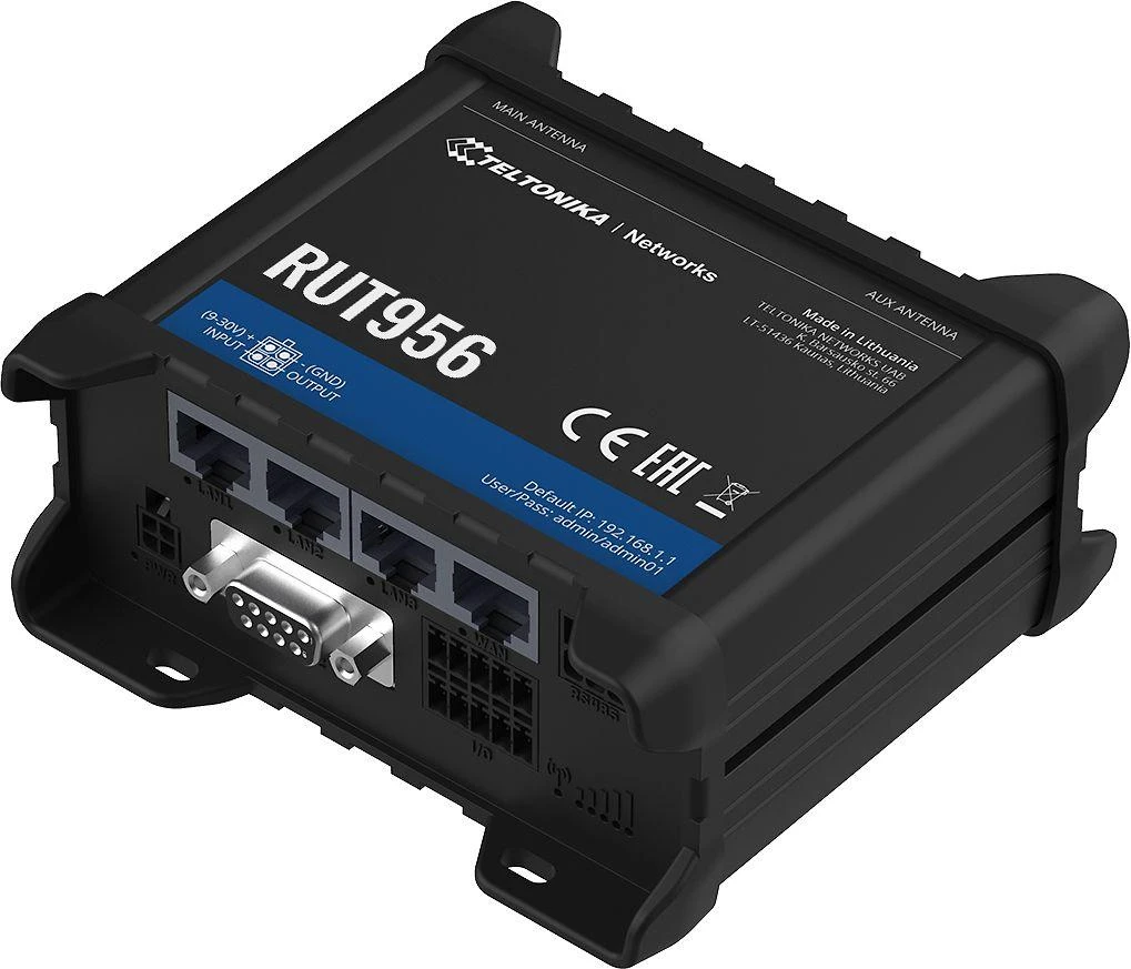 Šakotuvas Teltonika | Pramoninis maršrutizatorius | RUT956 | 802.11n | 10/100 Mbit/s | Ethernet LAN (RJ-45) jungtys 4 | Palaikomas tinklelis: ne | MU-MiMO: ne | 2G/3G/4G | Antenos tipas: 2 x SMA, skirtas LTE, 2 x RP-SMA, skirtas WiFi, 1 x SMA, skirtas GNSS | 1 x USB 2.0