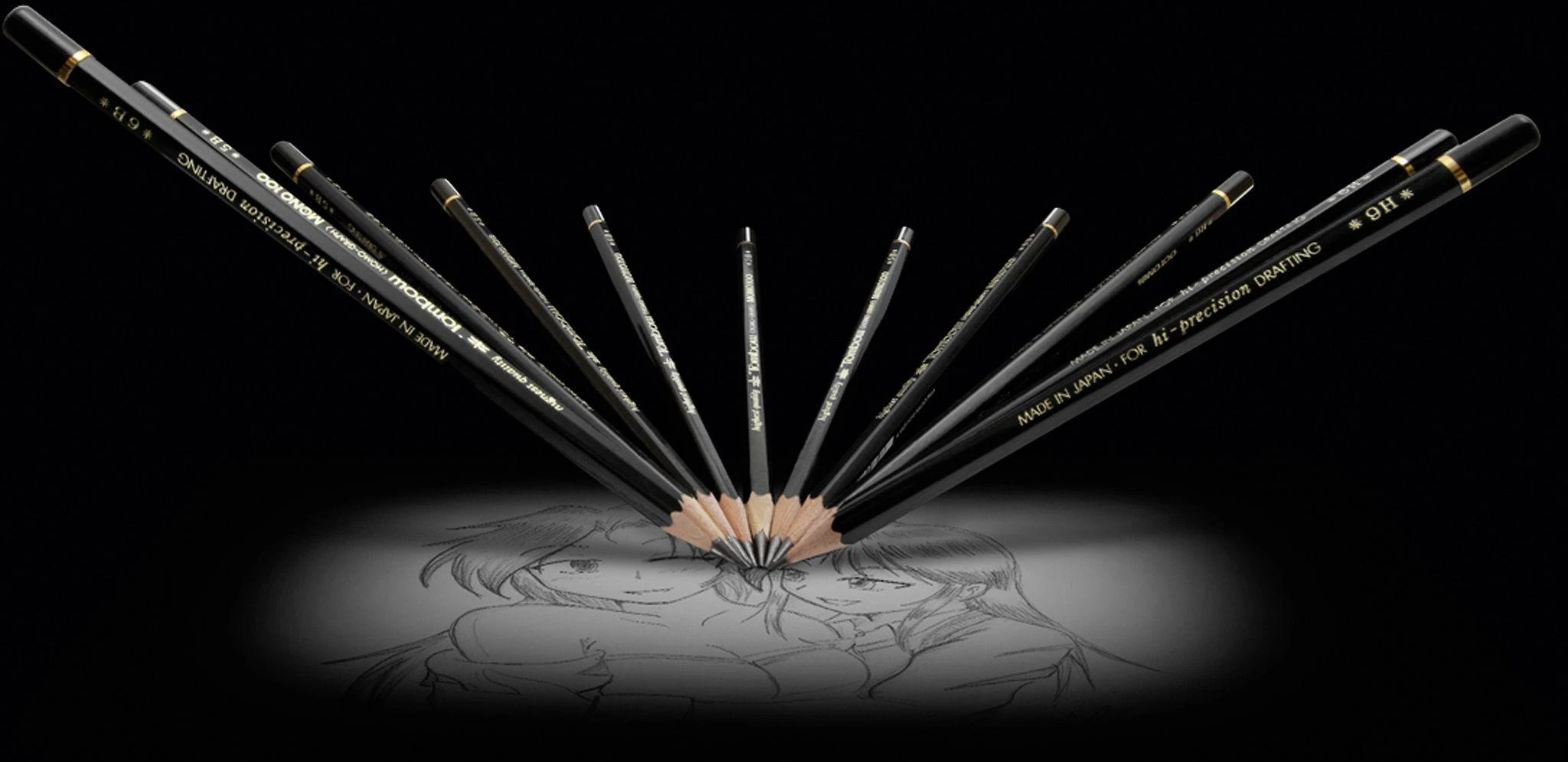 Tombow Mono 100 pieštukų rinkinys vėduoklės kompozicijoje