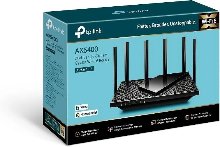 Maršrutizatorius TP-LINK Archer AX73 (AX5400) Dual-band 2,4 / 5 Ghz - Wi-Fi 6 - 5400 Mbit/s - 10,100,100 Mbit/s - RJ45 - MU-MIMO