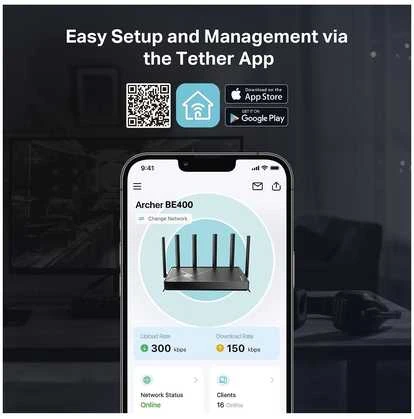 TP-LINK | Archer BE400 BE6500 dviejų dažnių „Wi-Fi“ 7 maršrutizatorius | 802.11ax | Ethernet LAN (RJ-45) jungtys 4 | Mesh palaikymas: Taip | MU-MiMO: Taip | Ne, mobilusis plačiajuostis ryšys: | Antenos tipas: Išorinė