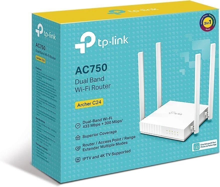 Maršrutizatorius TP-LINK | Dviejų juostų propeleris | Lankininkas C24 | 802.11ac | 300+433 Mbit/s | 10/100 Mbit/s | Ethernet LAN (RJ-45) jungle 4 | Tinklelio atramos Nr. | MU-MiMO Taip | Nėra mobiliojo plačiajuosčio ryšio | Antenos tipas 4xFiksuota